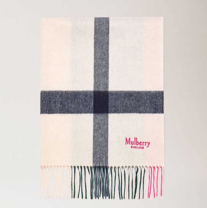 Mulberry Scarf Large Merino Wool Scarf 70 x 200, ljus halsduk med mörka rutor och fransar, Modell vs4295889h130