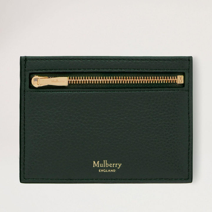 Mulberry Blixtlåst kreditkort i mörkgrönt läder med guldfärgad dragkedja, framifrån. Modell RL6466205Q633