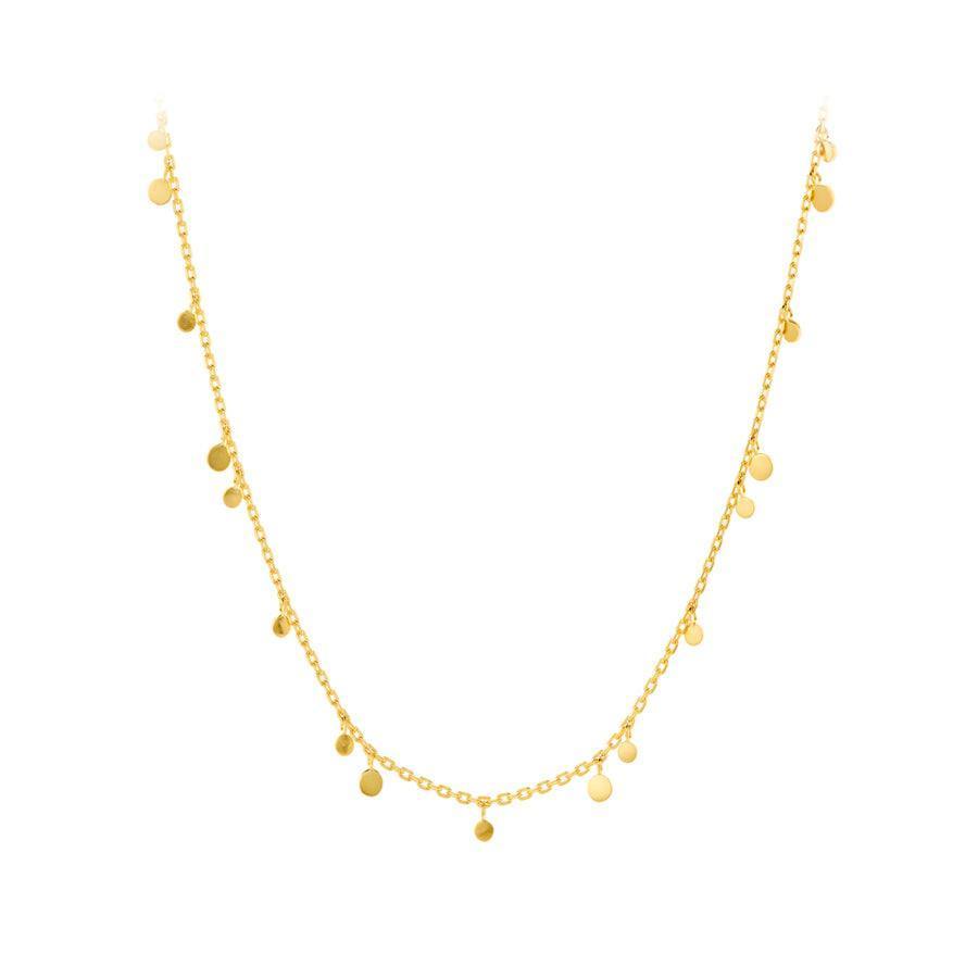 Pernille Corydon Glow Halsband, elegant guldfärgad kedja med små cirkelhängen. Modell N-018-GP.
