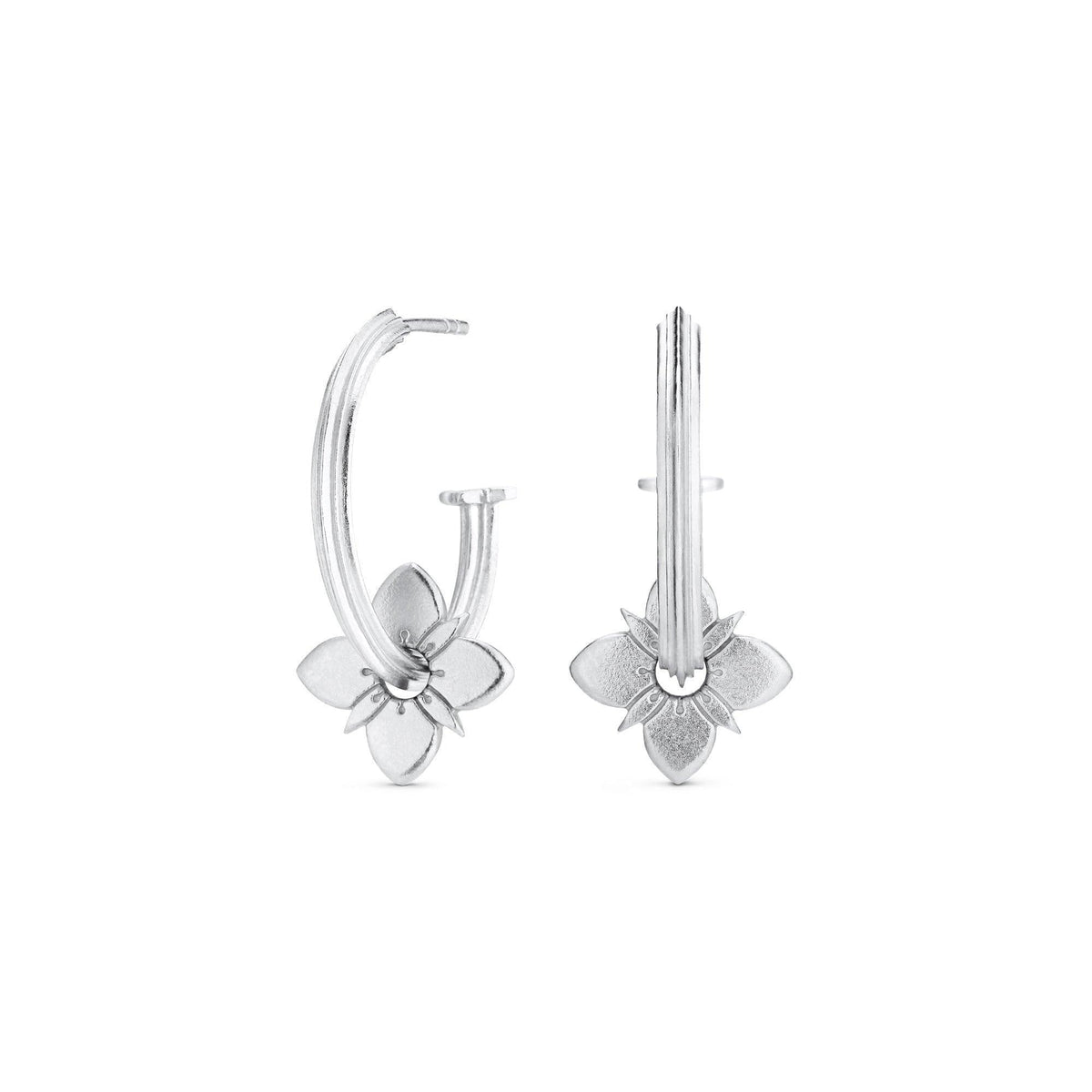 Polar Healing Hoops, eleganta silverbågeörhängen med blomdetalj, modell HEA-HP-RH-00612-1